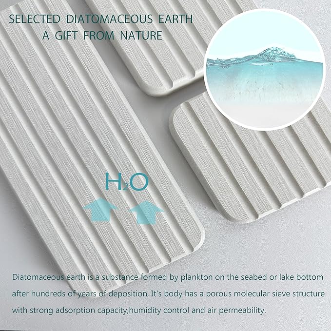 NiuYichee Set of 4 Water Absorbing Stone Trays for Kitchen Sink, Quick-Drying Stone Soap Tray, Diatomite Bathroom Soap Dish, 2pcs 3.15" x 3.15" + 2pcs 7.1" x 3.15", Light Grey