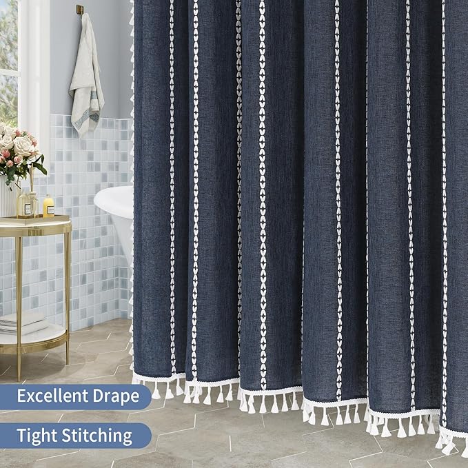 MitoVilla Boho Extra Long Shower Curtain 72 x 84, Navy Modern Farmhouse 84 inch XL Polyester Linen Texture Tassel Fabric Shower Curtain Set with Hooks for Cottagecore Country Bathroom Decor,Navy