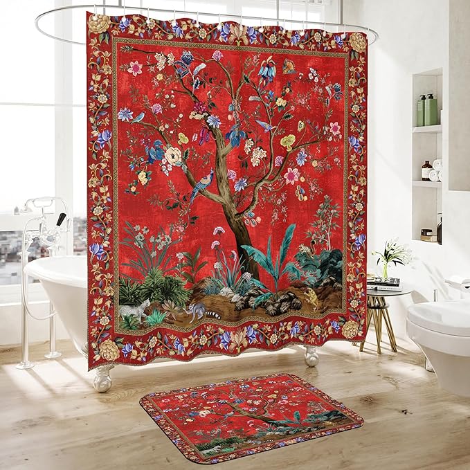 Shower Curtain Set with Non-Slip Quick Dry Rugs16 x 24" and Bathroom Colorful Boho Floral Print Waterproof Fabric Bath Shower Curtain 72" x 72"