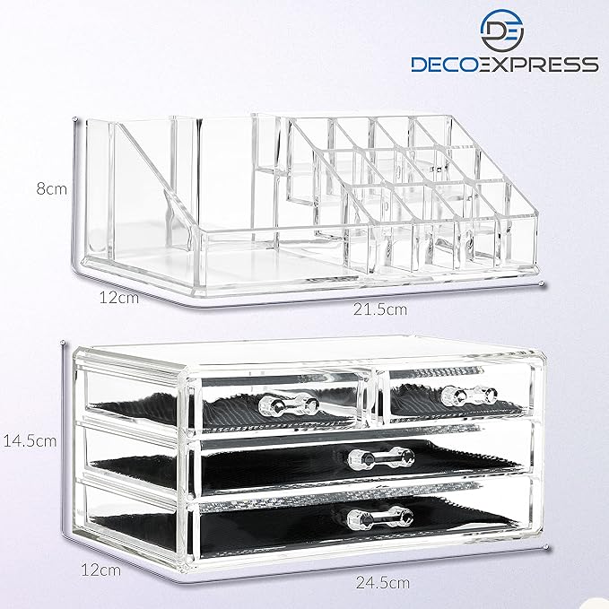 DECO EXPRESS Makeup Organiser for Women Teenagers Acrylic Drawers Makeup Storage 12cm x 24cm x 22cm Clear Bathroom Bedroom Dressing Table Organiser Jewelry Beauty Skincare 4 Tier Cosmetic Storage Box