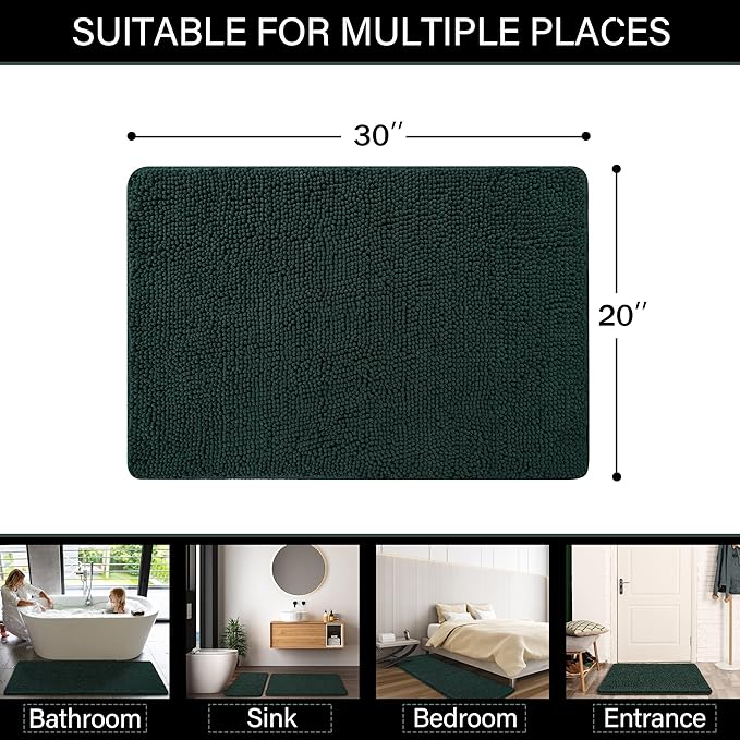 LOCHAS Luxury Bathroom Rug Shaggy Bath Mat 20 x 30 Inch, Washable Non Slip Bath Rugs for Bathroom Shower, Soft Plush Chenille Absorbent Carpets Mats, Hunter Green