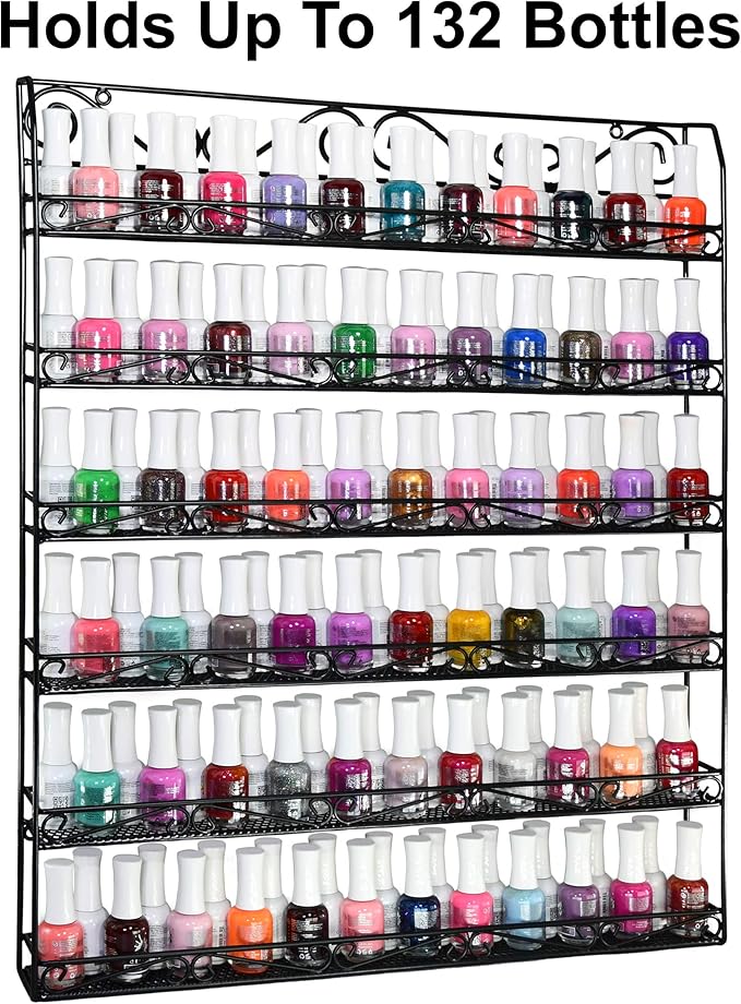 AMT 6 Tier Metal Nail Polish Racks for The Wall, Up to 132 Bottles, Clear Quality Nail Polish Display, Essential Oils Organizer (132 Bottles or 60 Jars - Black)
