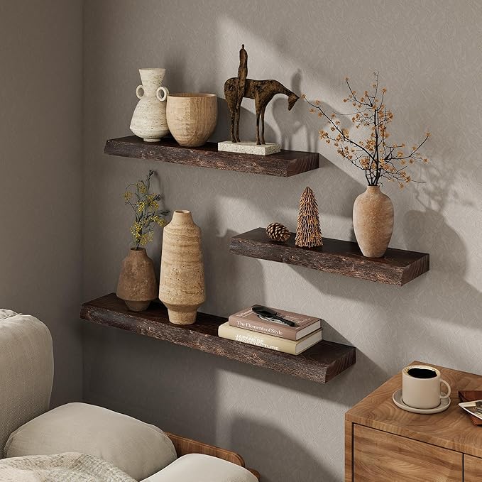Marsmiles 24 inch Floating Shelves for Wall Elm Wood Live Edge Shelves|Rustic Wall Shelves with Invisible Heavy-Duty Bracket for Bathroom Living Room Kitchen|Walnut, 2 Pack