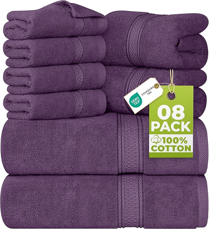 Utopia Towels 8 Piece Luxury Towel Set – Majestic Plush, Super Absorbent & Quicker-to-Dry, Thick 100% Ring Spun Cotton Towels for Bathroom, Spa & Hotel – 2 Bath, 2 Hand, 4 Washcloths, Plum