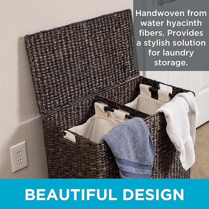 BirdRock Home Water Hyacinth Laundry Hamper Divided Interior (Espresso) | Eco-Friendly | Made of Hand Woven Hyacinth Fibers | Includes Two Removable Cotton Liners Bag | Wicker Laundry Basket with Lid