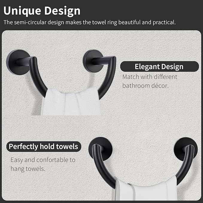 HouseAid Stainless Steel Towel Ring for Bathroom, Hand Towel Holder, Modern Semi-Circular Hand Towel Rack, Wall Mounted, Matte Black