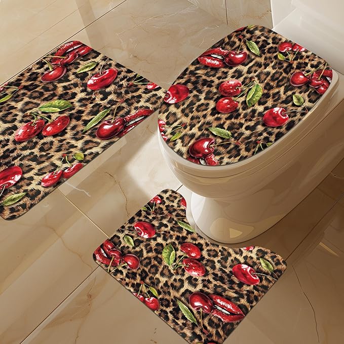 LIGHTINHOME 4 PCS Leopard Print Cherry Shower Curtain Set 72Wx72H,Toilet Lid Cover,Non-Slip Rugs and U-Shaped Mat,Cheetah Lips Bathroom Sets with Rugs Shower Accessories 12 Hooks for Bathroom Decor