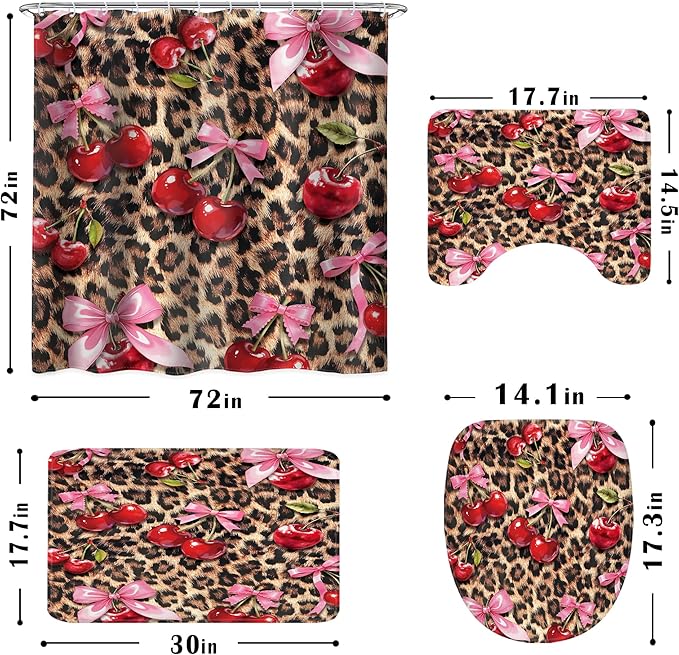 LIGHTINHOME 4 PCS Bow Cherry Leopard Shower Curtain Set 72Wx72H,Toilet Lid Cover,Non-Slip Rugs and U-Shaped Mat,Wildlife Cheetah Bathroom Sets with Rugs Shower Accessories 12 Hooks for Bathroom Decor