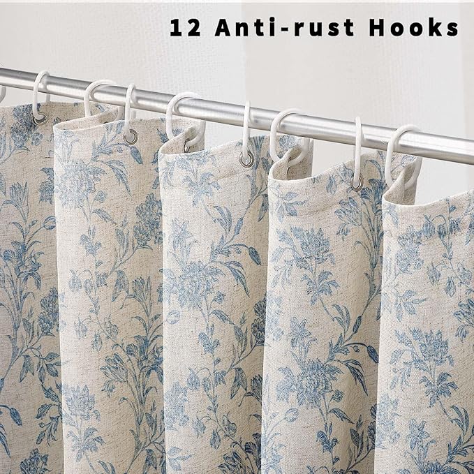Blue Shower Curtain Floral Cotton Linen Cottagecore Shower Curtain for Bathroom 75" L x 72" W Long