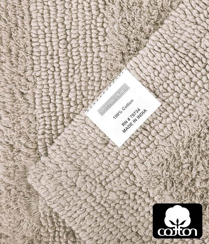 COTTON CRAFT Luxurious Bath Mat Rug - Set of 2 Reversible Heavyweight Step Out Bath Mats for Bathroom Floor, Tub and Shower - Pure Cotton Soft Plush Absorbent Tufted Racetrack Mat - 17x24 inch - Linen