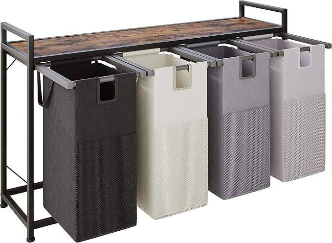 LIVEHOM Laundry Basket Four Laundry Hamper with Removable Bags, Fabric Handles, Large Top Shelf and Laundry Bag for Bathroom, Dorm, Laundry Room