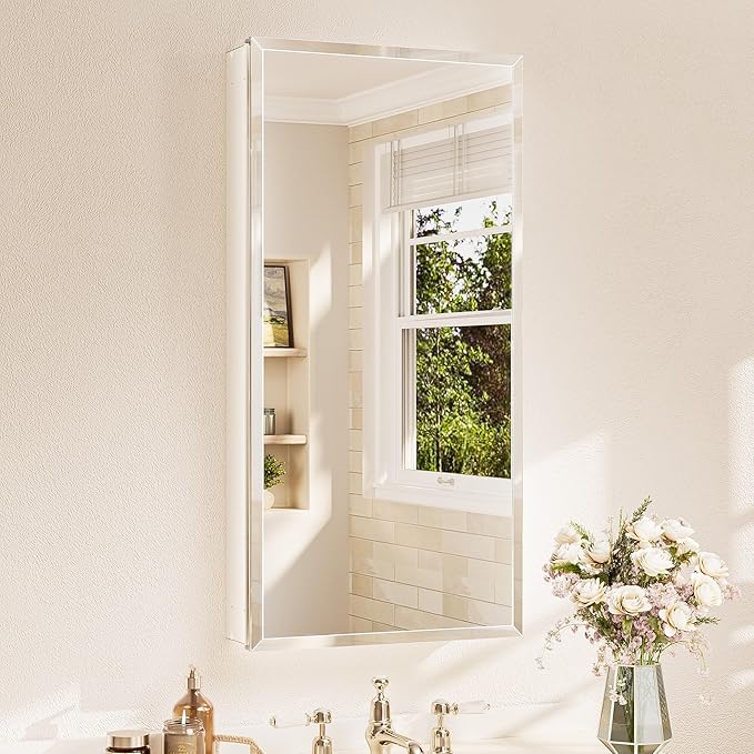 TETOTE 20 x 40 Bathroom Vanity Mirror Cabinet with Tempered Beveled MirrorWhiteMedicine Cabinet Aluminum Cabinet DTC Hinges, Stepless Adjustable Shelves, Recessed/Surface-Mounted