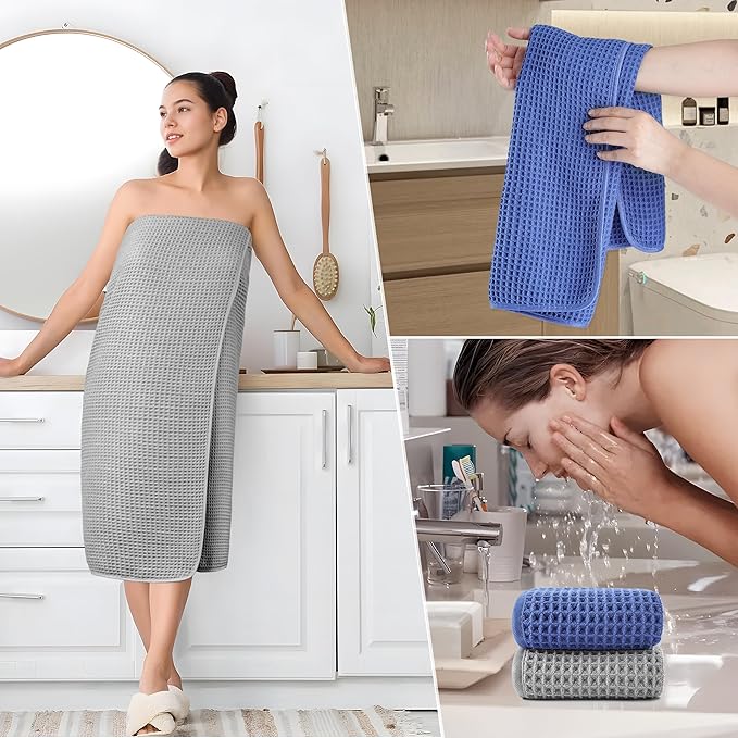 POLYTE 430 GSM Microfiber Quick Dry Lint Free Oversize Bath Towel Set, 6 Piece (Waffle Weave)