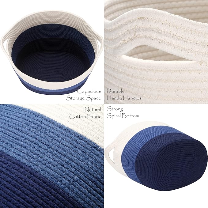 Sea Team Oval Large Cotton Rope Woven Storage Basket with Handles, Diaper Caddy, Baby Shower Basket, Nursery Nappies, Clothes Toys Organizer for Kid's Room, 16 x 13 inches, White & Navy