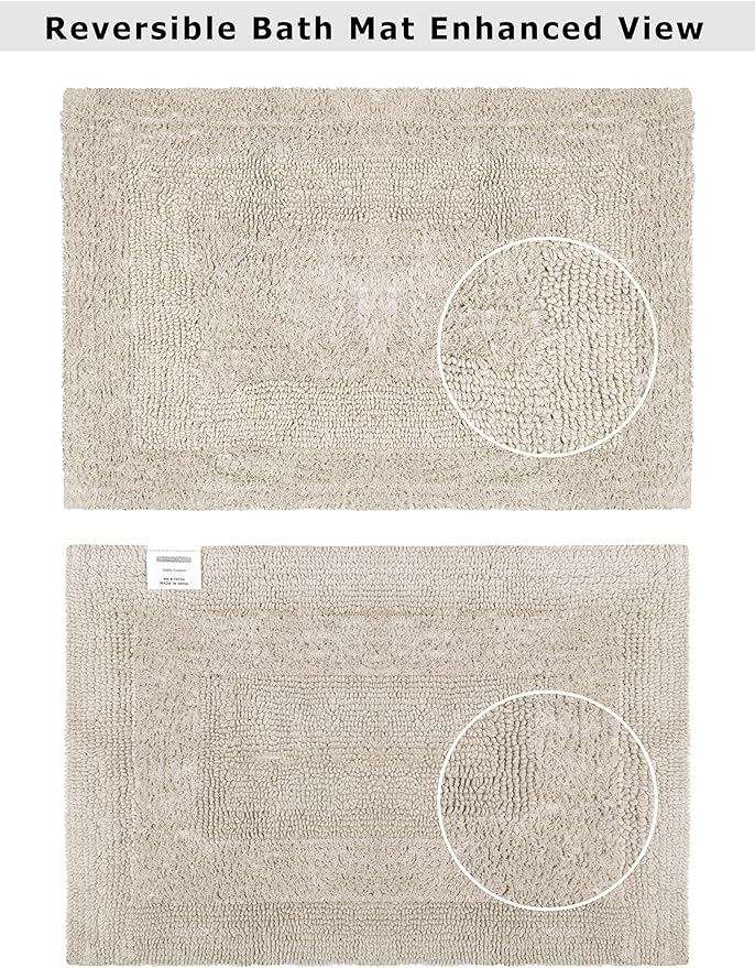 COTTON CRAFT Luxurious Bath Mat Rug - Set of 2 Reversible Heavyweight Step Out Bath Mats for Bathroom Floor, Tub and Shower - Pure Cotton Soft Plush Absorbent Tufted Racetrack Mat - 17x24 inch - Linen