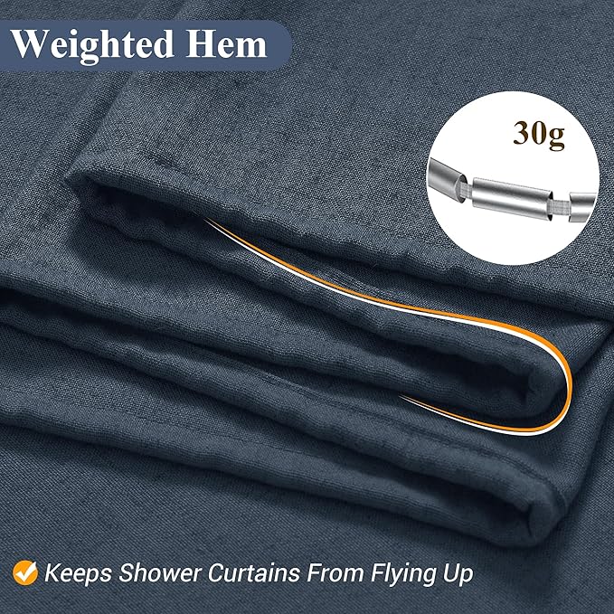 Naturoom Denim Blue Linen Shower Curtain, Country Boho Farmhouse Bath Decor Shower Curtains Neutral Cloth Weighted Textured Fabric Bath Curtain Liner with Hooks, 72x78