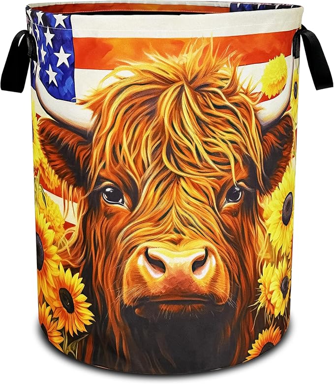Highland cattle American flag Laundry Basket foldable Oxford Cloth Funny Tote Bag Laundry Hamper Clothes Storage Bucket Toy Organizer For Bathroom/Laundry Storage/Bedroom 18.9x16.5 Inch