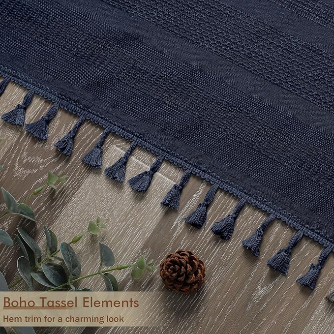 OVZME Extra Long Boho Shower Curtain 84 Inch Long, Modern Farmhouse Heavy Duty Linen Textured Soft Fabric, Rustic Country Cloth Shower Curtain with Tassel for Bathroom Hotel, 72Wx84L, Navy Blue