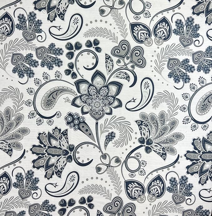 Serafina Home Hotel Quality Navy Gray Grey Fabric Bathroom Shower Curtain: Paisley Floral Leaf Damask Design on White (72 x 70 inches)