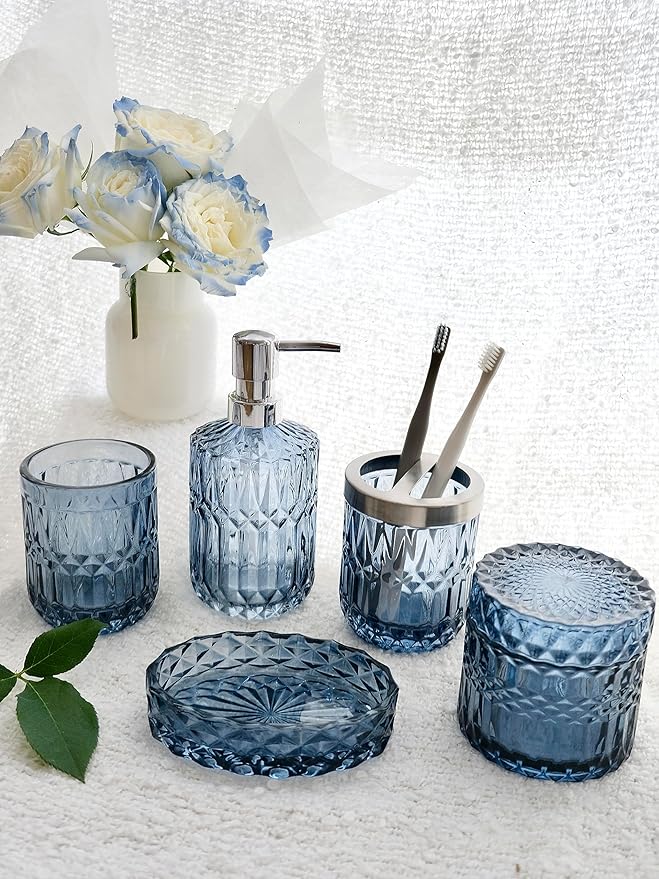 LaMarriti Blue Bathroom Accessories Set, 5Pcs Clear Glass Bathroom Accessories, Hand Soap Dispenser, Soap Dish, Toothbrush Holder Set, Qtips Holder for Crystal Vintage Bath Countertop Decor, Gift Set
