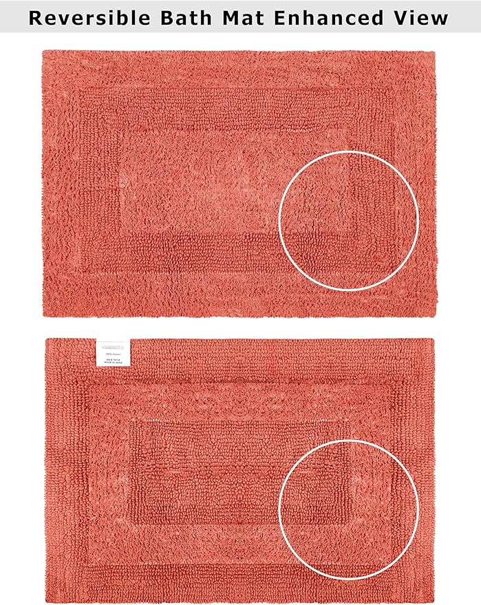 COTTON CRAFT Luxurious Bath Mat Rug - Set of 2 Reversible Heavyweight Step Out Bath Mats for Bathroom Floor, Tub and Shower - Pure Cotton Soft Plush Absorbent Tufted Racetrack Mat - 17 x 24 in - Coral