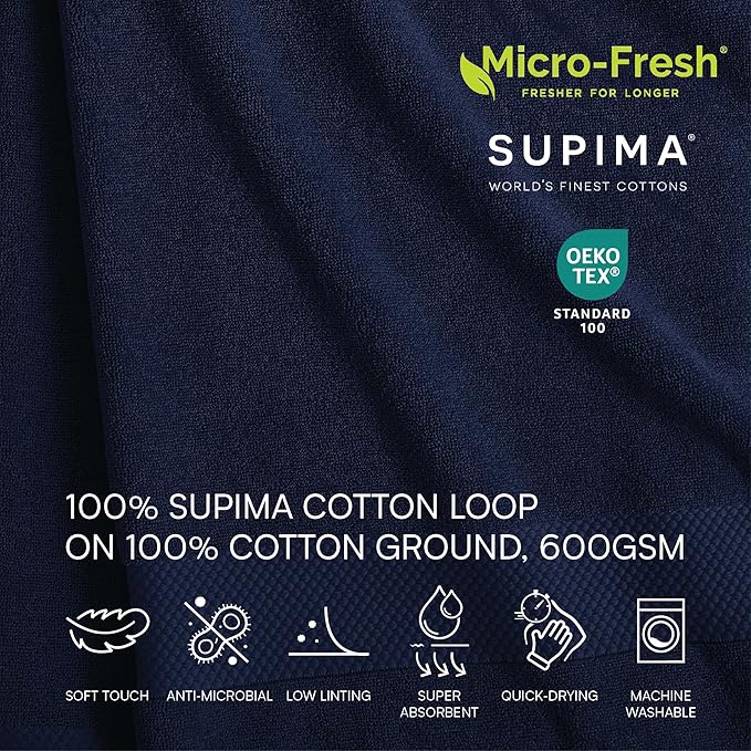 Lacoste Heritage 100% Supima Cotton Hand Towel, Navy, 16" x 30" – Highly Absorbent & Quick Drying, Premium Super Soft Bath Towel, Bathroom Essential, Gift for All Occasions, Machine Washable