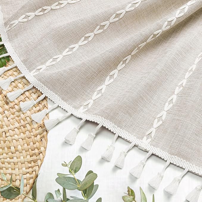 MitoVilla Boho Extra Long Shower Curtain 72 x 84, Beige 84 inch XL Polyester Linen Fabric Shower Curtain Set with Tassel for Vintage Country Farmhouse Bathroom Decor, Thick & Wrinkle Resistant, Cream