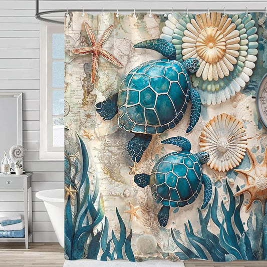84 Inch Extra Long Nautical Sea Turtle Shower Curtain Vintage Ocean Teal Blue Turtles Seashell Starfish Shower Curtains for Bathroom 3D Retro Map Beach Coastal Waterproof Fabric Bath Curtain Decor