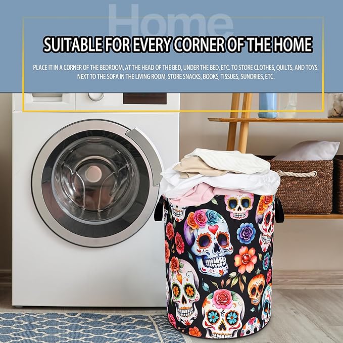 Sugar Skull Laundry Basket Skeleton Foldable Waterproof Oxford Cloth Funny Tote Bag Laundry Hamper Clothes Storage Bucket Toy Organizer For Bathroom/Laundry Storage/Bedroom 18.9x16.5 Inch