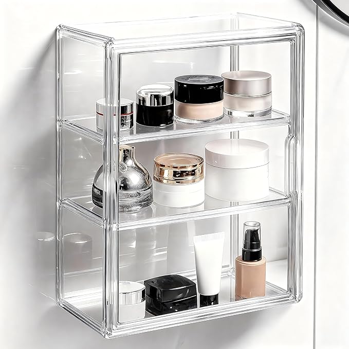 Wall Mount Adhesive Medicine Cabinet,Waterproof Small Bathroom Wall Cabinet with Detachable Partitions,Self Adhesive Farmhouse Storage Cabinet for Smooth Wall Surface and Countertop - Clear