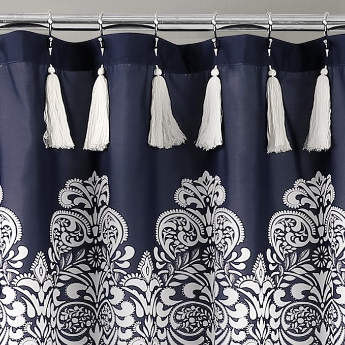 Lush Decor Boho Medallion Shower Curtain - Fabric Bohemian Damask Print Design with Tassels, 72" x 72", Navy