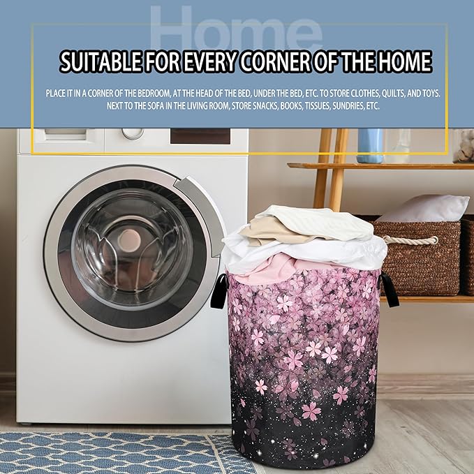 Cherry Blossoms Laundry Basket Pink Flowers Foldable Oxford Cloth Funny Tote Bag Laundry Hamper Clothes Storage Bucket Toy Organizer For Bathroom/Laundry Storage/Bedroom 18.9x16.5 Inch