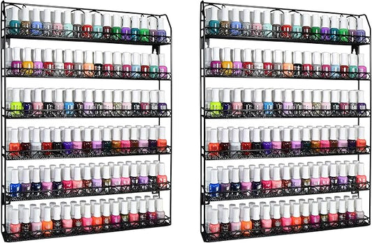 AMT 6 TIER Metal Nail Polish Racks for The Wall, Up to 192 Bottles, Clear Nail Polish Display | Essential Oils Organizer | Holds up to 192 Bottles. (Black - 2 Pack)