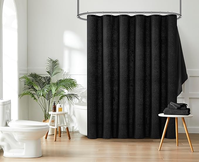Luxury Dobby Weave Shower Curtain Elegant Hotel Style Fabric for Bathroom, Water Repellent, Machine Washable Black Dobby