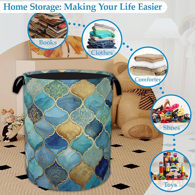 Moroccan Mosaic Laundry Basket Collapsible Laundry Hamper, Oxford Cloth Storage Bin for Room/Bathroom/Bedroom/Dormitories 16" X 20.8"