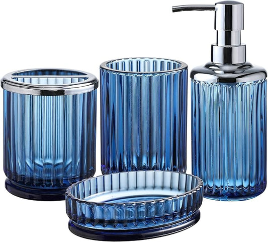 4PCs Heavy Weight Decent Blue Glass Bathroom Accessories Set with Decorative Pressed Pattern - Includes Hand Soap Dispenser & Tumbler & Soap Dish & Toothbrush Holder (Cobalt Blue)