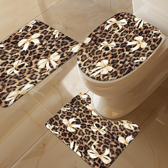 LIGHTINHOME 4 PCS Beige Bow Leopard Print Shower Curtain Set 72Wx72H,Toilet Lid Cover,Non-Slip Rugs and U-Shaped Mat,Vintage Chic Bathroom Sets with Rugs Shower Accessories 12 Hooks for Bathroom Decor