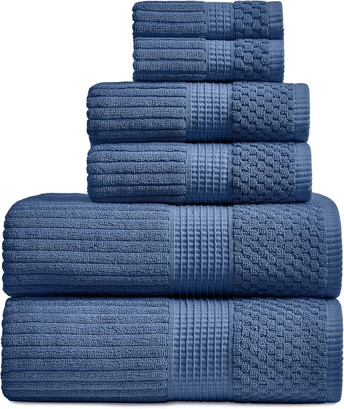 Springtree Home 100% Cotton Bath Towel Set | 6 Piece Set | Absorbent & Quick-Dry Bath Towels | Textured and Durable Cotton | Krista Collection - Navy