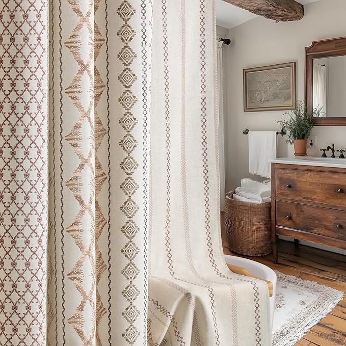 Boho Linen Shower Curtain for Bathroom with Striped Print,72" W x 84" L,Beige,Extra Long Size