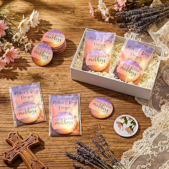 60 Set Mother's Day Inspirational Compact Mirror Religious Bulk Gift for Women Christian Mini Makeup Pocket Mirror Administrative Professional Gift with Card for Volunteer Employee Teacher (Lavender)