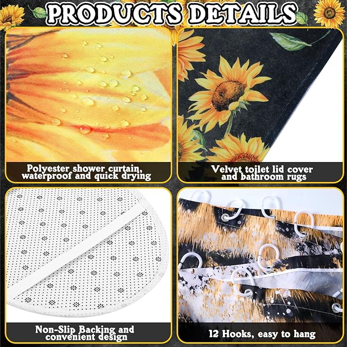 FuWeave 8 Pcs Highland Cow Shower Curtain Sets for Bathroom Sunflower Farm Cow Shower Curtain Sets Bathroom Accessories with Towels Carpet Bath Mat Toilet Rugs and 12 Hooks