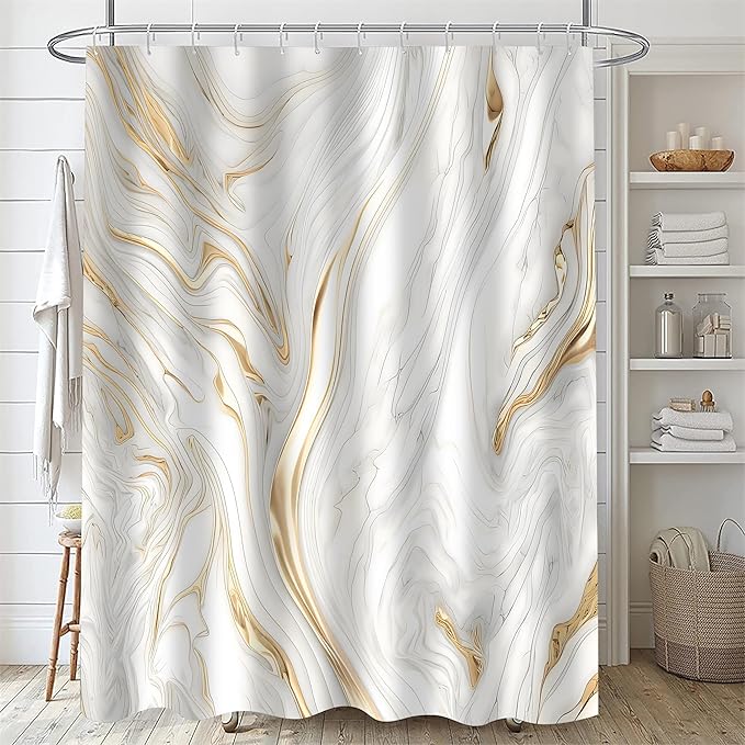 Nkzply 4 Pcs White Marble Shower Curtain Set Gold Bathroom Sets with Shower Curtain and Rugs Modern Abstract Bathroom Decor Accessories Bathroom Rugs Toilet Lid Cover with Hooks