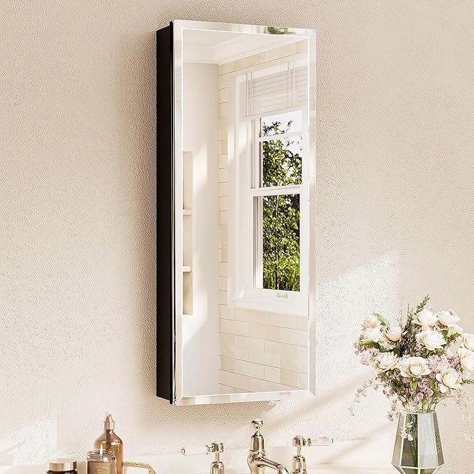 TETOTE 15 x 36 Bathroom Mirror with Storage with Tempered Beveled MirrorBlackMedicine Cabinet Aluminum Cabinet DTC Hinges, Stepless Adjustable Shelves, Recessed/Surface-Mounted