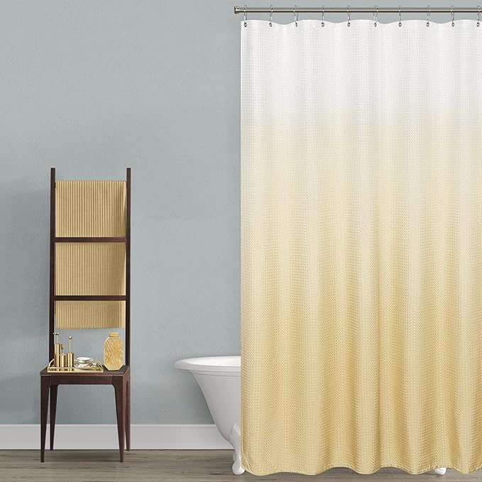 Mrs.Naturall Shower Curtain Gold Accents Bathroom Sets with Hooks Glam Luxury Waffle Fabric Waterproof Autumn Fall Shower Curtains White and Yellow Light Gold