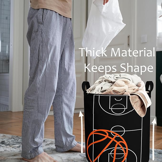 Basketball Boys Laundry Basket with Lining Kids Round Black Basketball Laundry Hamper Clothes Storage Bin Basket Organizer for Boy Room Decor