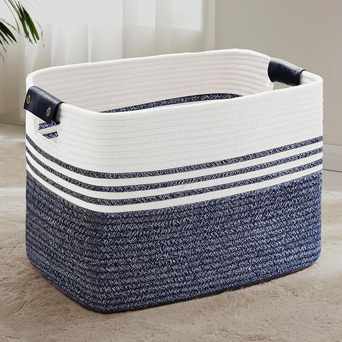 100L Extra Large Laundry Basket with Leather Handles for Living Room Storage,Woven Rope Baskets for Blanket,Kids Toy,Gifts,Wicker Hamper for Bedroom Dirty Clothes,24"x16"x16" Denim Blue