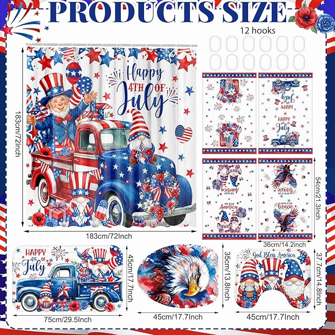 FuWeave 8 Pcs 4th of July Shower Curtain Set for Patriotic Bathroom Decor Include Red White and Blue Gnomes American Flag Shower Curtain Towels Non Slip Rugs Toilet Lid Cover Bath Mat and 12 Hooks