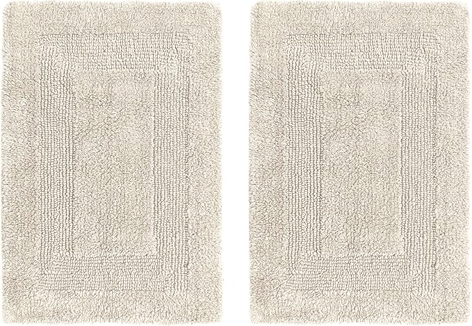 COTTON CRAFT Luxurious Bathmat Rug - Set of 2 Reversible Heavyweight Large Step Out Bath Mats for Bathroom Floor, Tub and Shower - Pure Cotton Soft Plush Absorbent Tufted Racetrack Mat - 20x30 - Linen