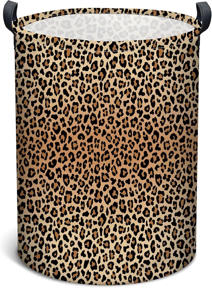 Leopard Print Laundry Basket, Collapsible Waterproof Oxford Cloth Laundry Hamper, Funny Round Kids Toys Storage Basket as Room Decor, Dirty Clothes Hamper for Bedroom Bathroom Dorm