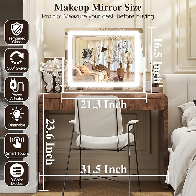 17" x22" Vanity Mirror with Lights, LED Makeup Mirror with Lights, 10X Magnification Mirror Makeup with 360°Rotation, 3 Color Modes＆ Dimmable,Light up Makeup Mirror for Vanity Desk, Travel, White